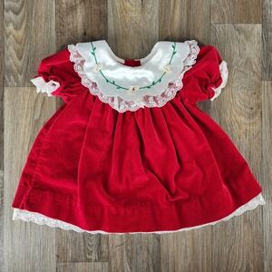 Vintage Baby Girl Red Velvet Holiday Dress Lace Trim 3-6 Months